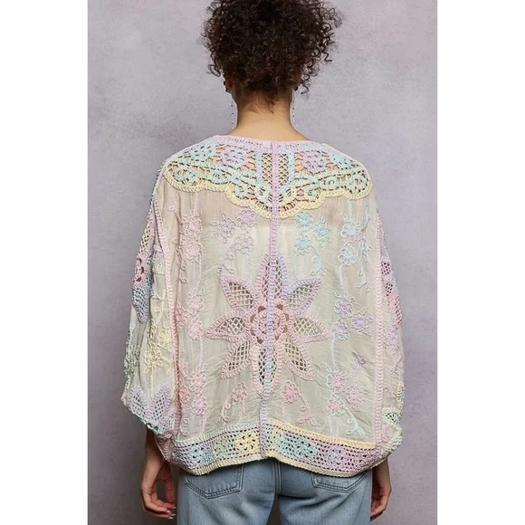 POL Pastel Floral Crochet Embroidered Cardigan | Open Knit Button Front Rainbow - Picture 7 of 12